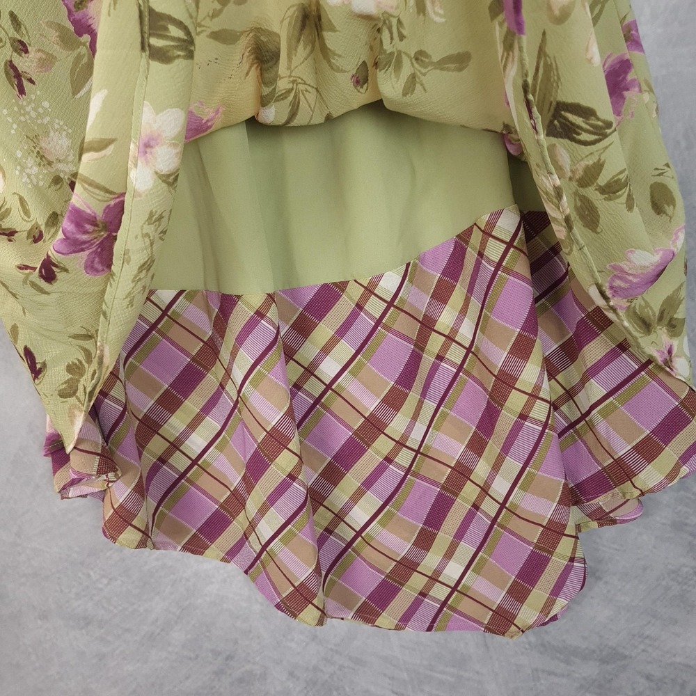 Vntg Y2K Skirt Womens 12 Green Floral Chiffon Midi Asym Hem Flutter Whimsy Fairy - Picture 6 of 16
